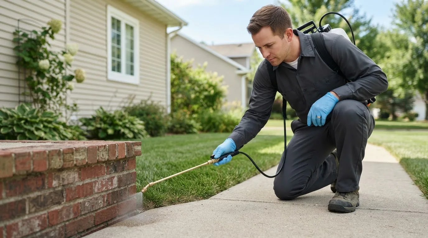 Pest control technician treating a home near Dingmans Ferry, PA